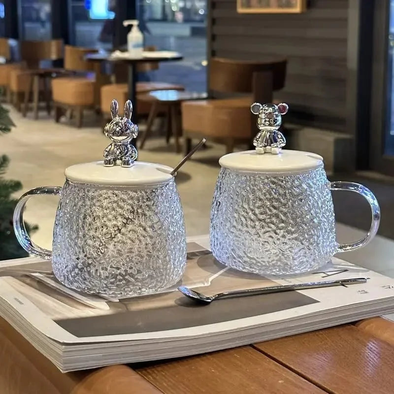 Hammer Pattern Bear Glass Cup with Lid & Spoon - Nest and Nuzzle