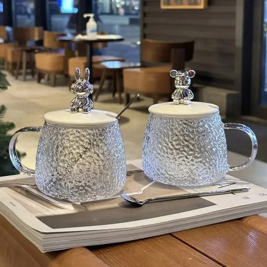 Hammer Pattern Bear Glass Cup with Lid & Spoon - Nest and Nuzzle